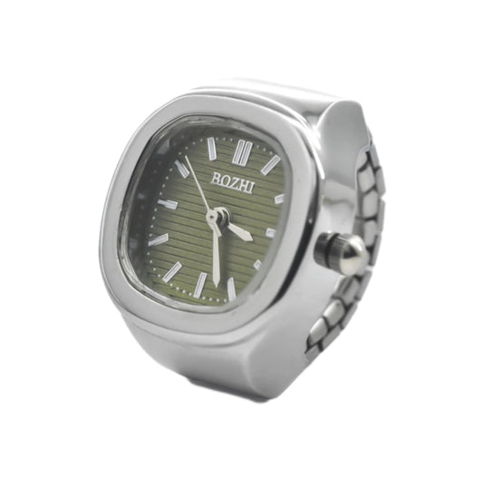 Bozhi Silver-Green Square Ring Watch